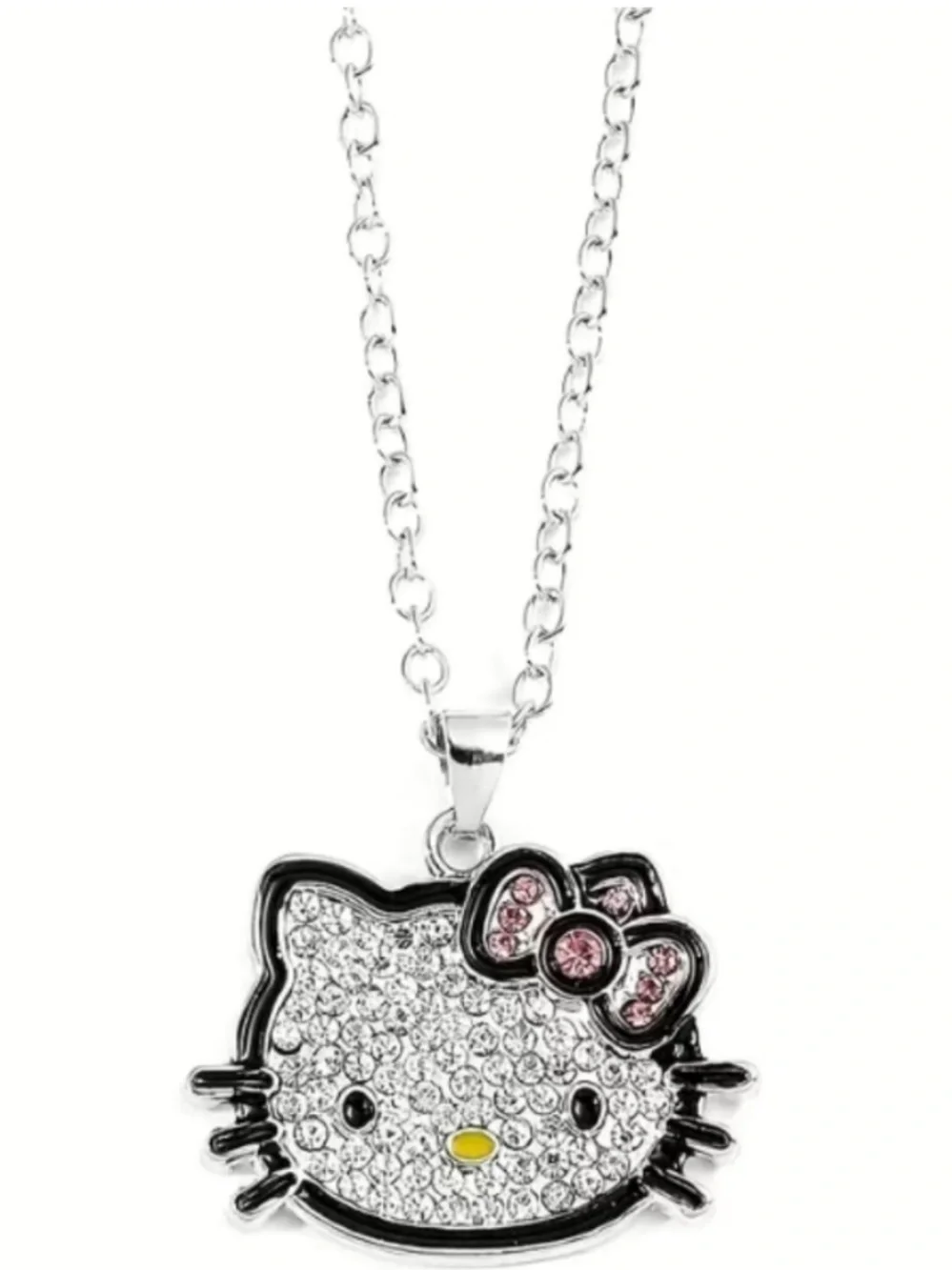 Hello Kitty Silver Tone Chain Cubic Zirconia Crystal Pendant Necklace with Box